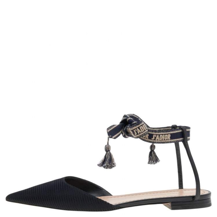 Pre Owned Dior Black Fabric J'adior Pointed Toe Ankle Wrap Flat Sandals Size 38