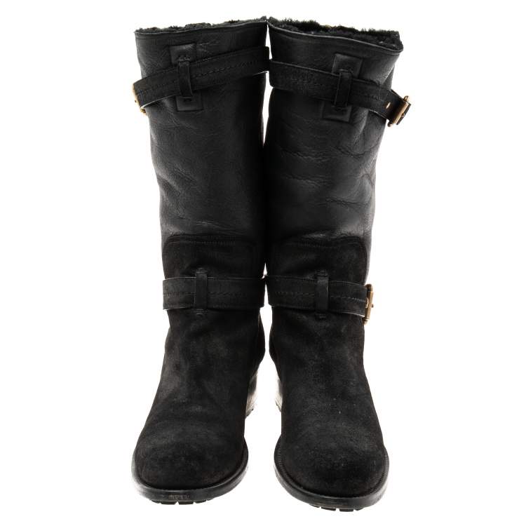 Pre Owned Dior Black Nubuck and Leather Buckle Strap Detail Mid-Calf Boots Size 40