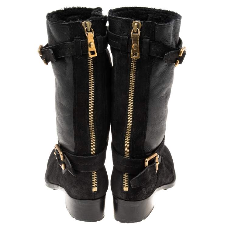 Pre Owned Dior Black Nubuck and Leather Buckle Strap Detail Mid-Calf Boots Size 40