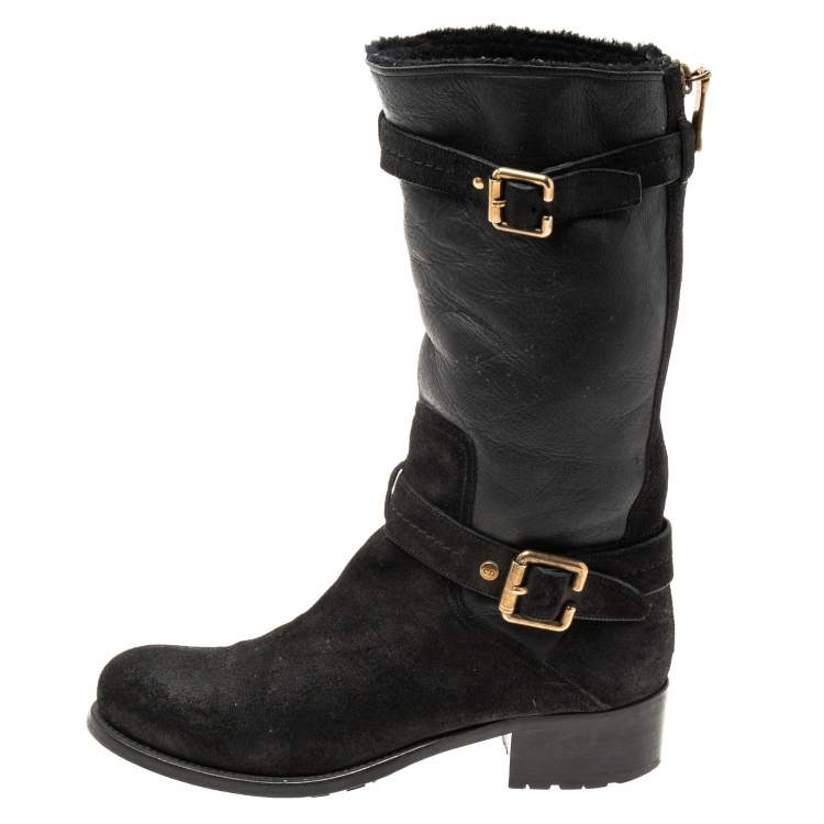 Pre Owned Dior Black Nubuck and Leather Buckle Strap Detail Mid-Calf Boots Size 40