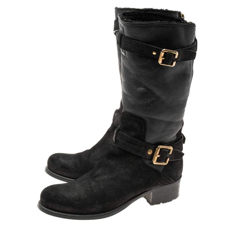 Pre Owned Dior Black Nubuck and Leather Buckle Strap Detail Mid-Calf Boots Size 40
