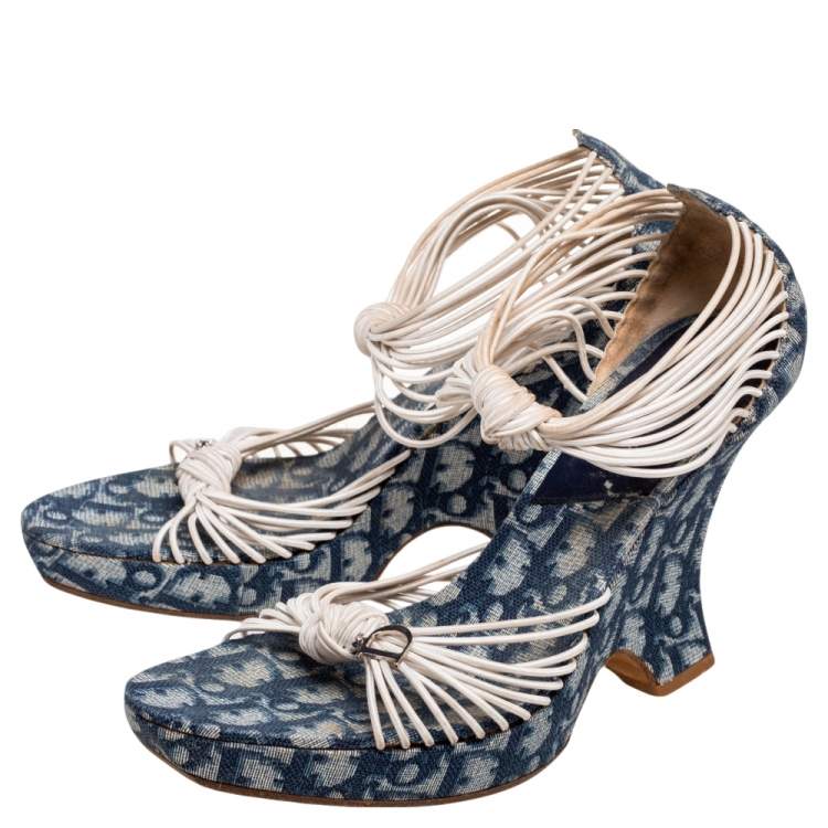 Pre Owned Dior Navy Blue/White Canvas And Elastic Trotter  Heel  Sandals Size 39