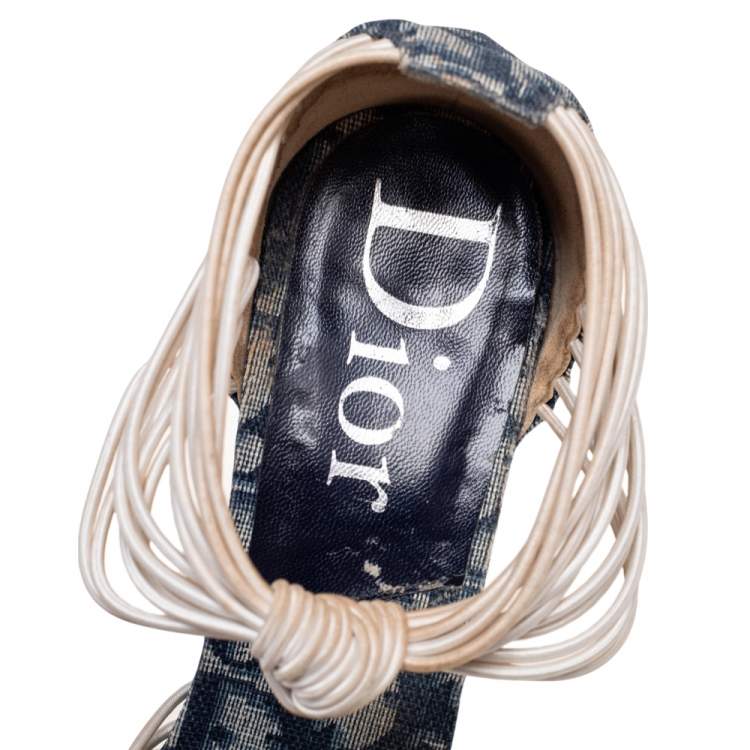 Pre Owned Dior Navy Blue/White Canvas And Elastic Trotter  Heel  Sandals Size 39