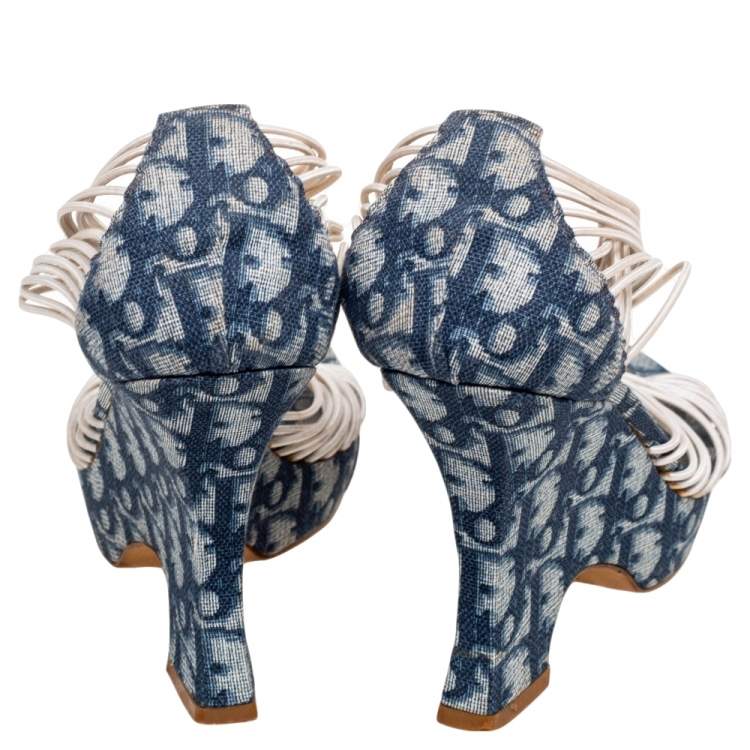Pre Owned Dior Navy Blue/White Canvas And Elastic Trotter  Heel  Sandals Size 39