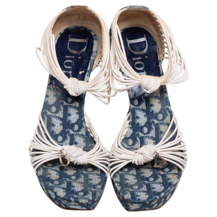 Pre Owned Dior Navy Blue/White Canvas And Elastic Trotter  Heel  Sandals Size 39