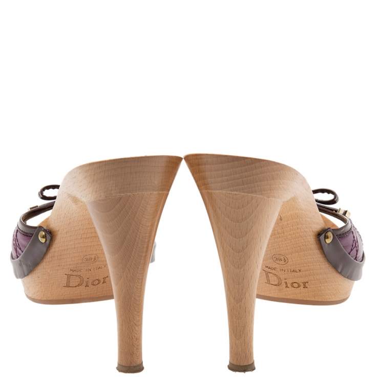 Pre Owned Dior Purple Patent And Leather Wooden Clog Slide Sandals Size 38.5