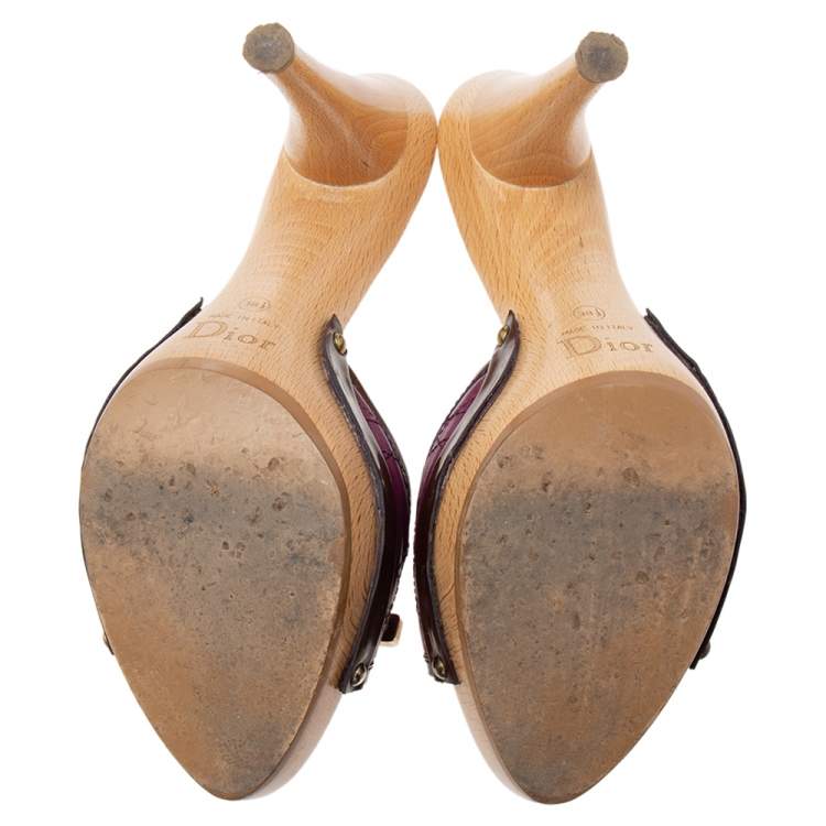 Pre Owned Dior Purple Patent And Leather Wooden Clog Slide Sandals Size 38.5