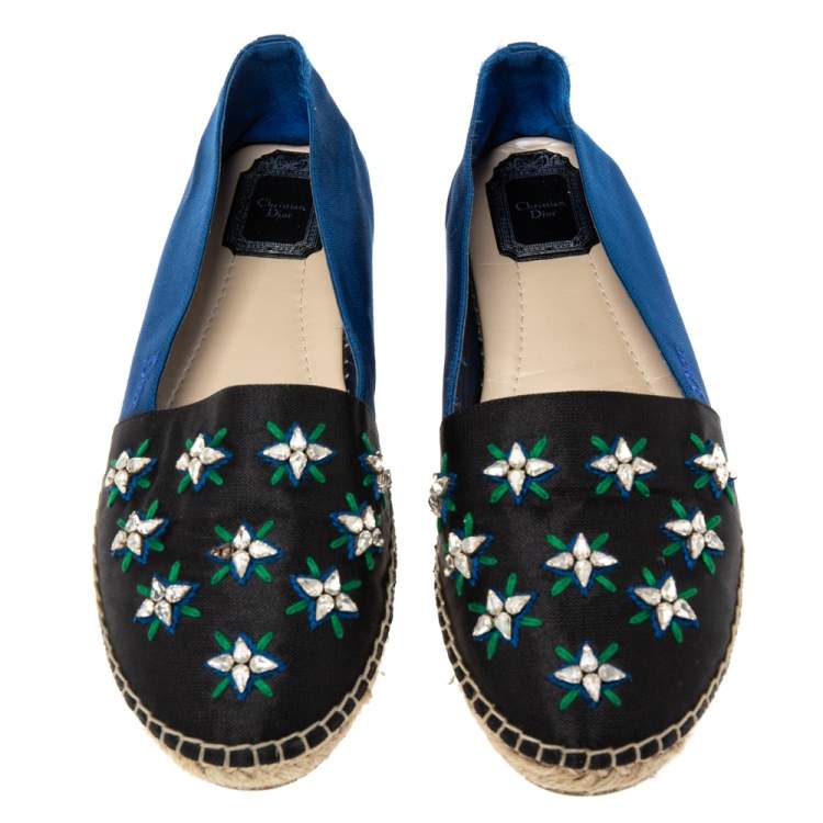 Pre Owned Dior Navy Blue/Black Canvas Embellished Espadrille Flats Size 40
