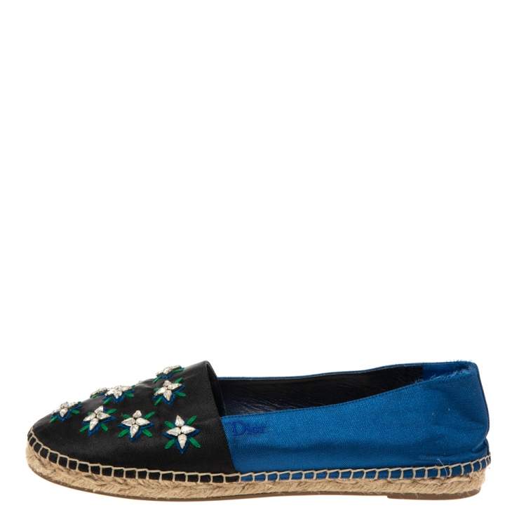 Pre Owned Dior Navy Blue/Black Canvas Embellished Espadrille Flats Size 40
