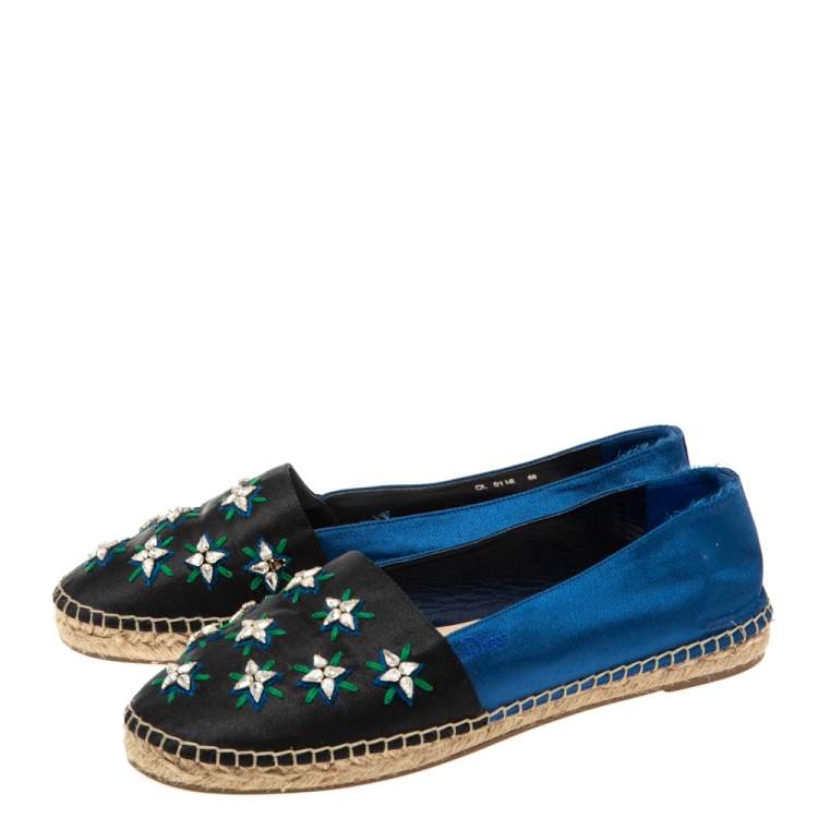 Pre Owned Dior Navy Blue/Black Canvas Embellished Espadrille Flats Size 40