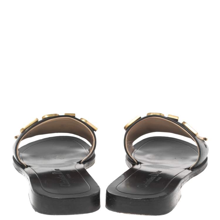 Pre Owned Dior Black Leather Revolution Logo Flat Slides Size 36