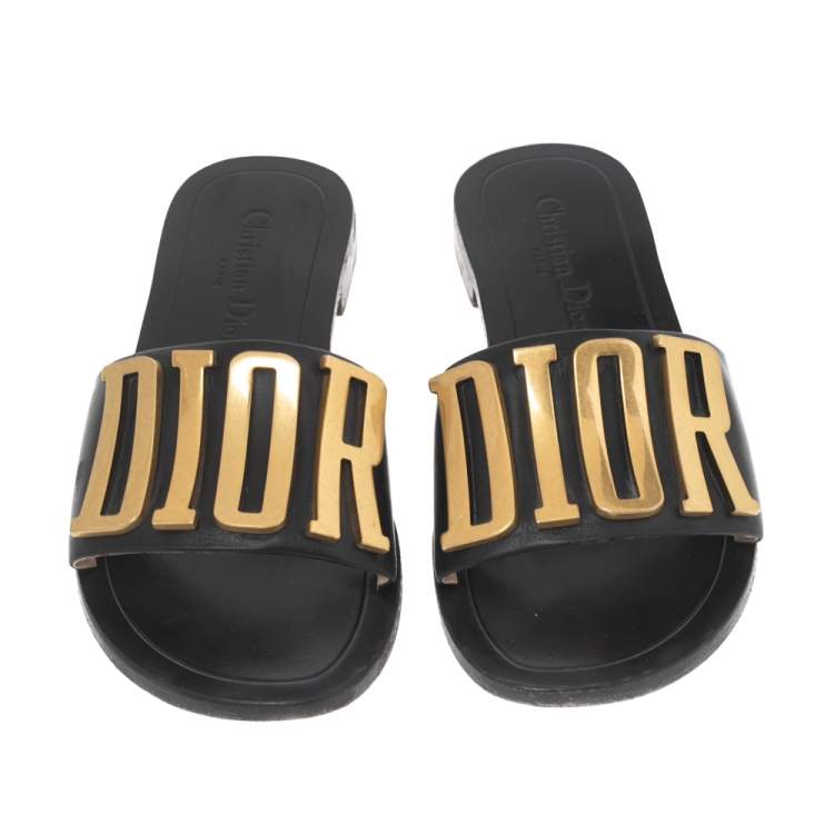 Pre Owned Dior Black Leather Revolution Logo Flat Slides Size 36