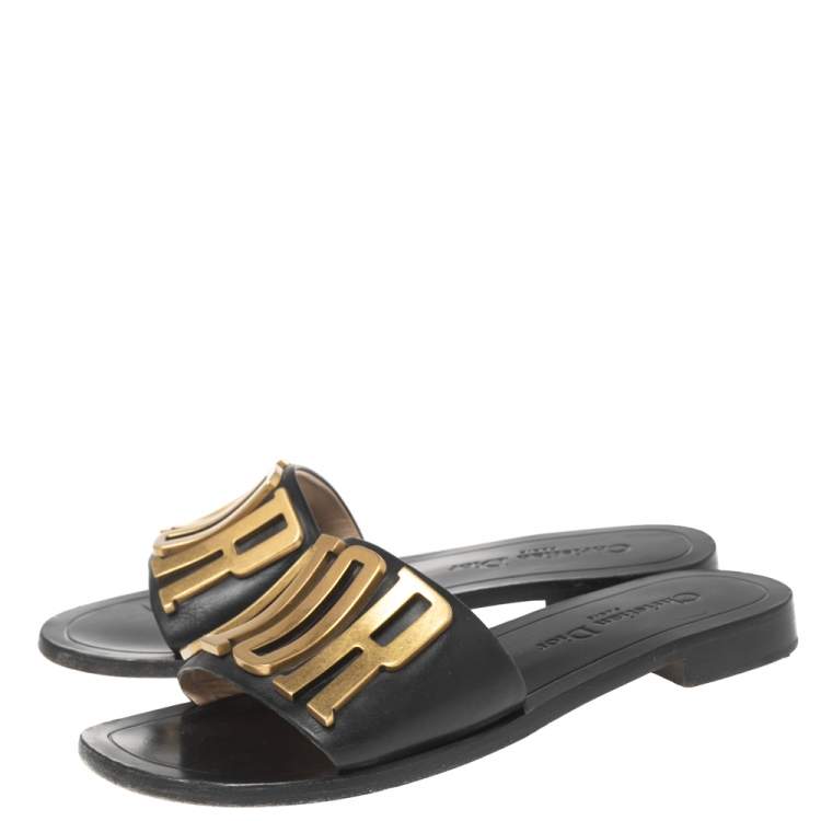 Pre Owned Dior Black Leather Revolution Logo Flat Slides Size 36