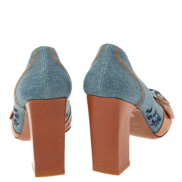 Pre Owned Dior Blue/Tan Denim And Leather CD Logo Pumps Size 38 