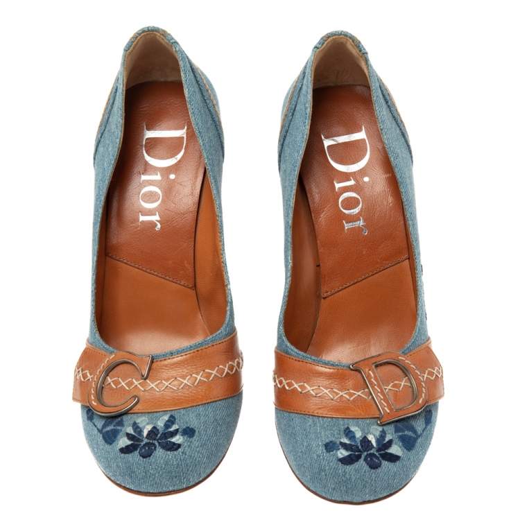 Pre Owned Dior Blue/Tan Denim And Leather CD Logo Pumps Size 38 