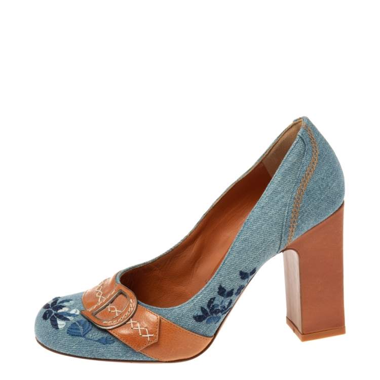 Pre Owned Dior Blue/Tan Denim And Leather CD Logo Pumps Size 38 