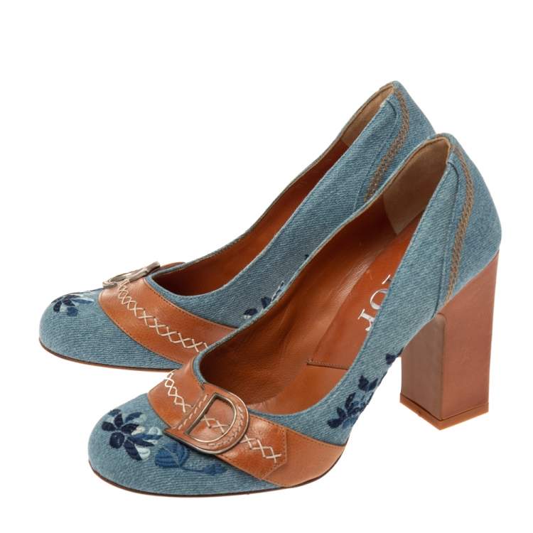 Pre Owned Dior Blue/Tan Denim And Leather CD Logo Pumps Size 38 