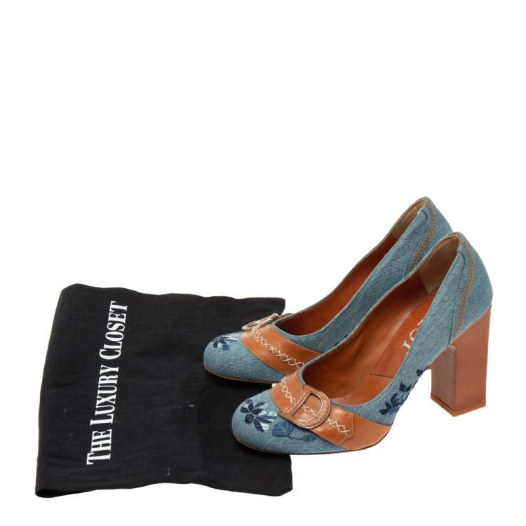 Pre Owned Dior Blue/Tan Denim And Leather CD Logo Pumps Size 38 