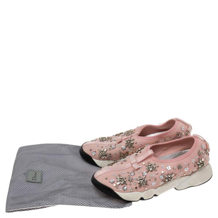 Pre Owned Dior Pink Sequins Embellished Mesh Fusion Slip-on Sneakers Size 35.5