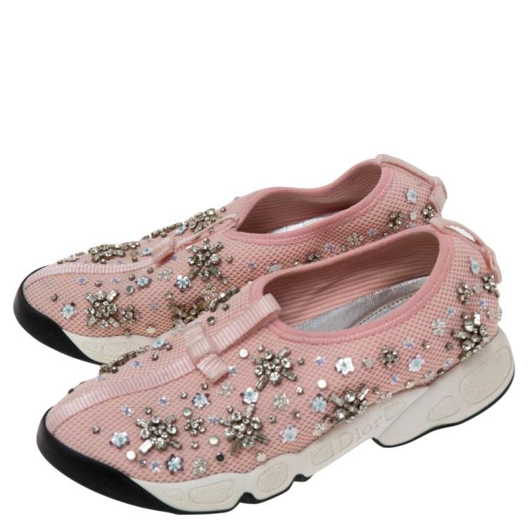 Pre Owned Dior Pink Sequins Embellished Mesh Fusion Slip-on Sneakers Size 35.5
