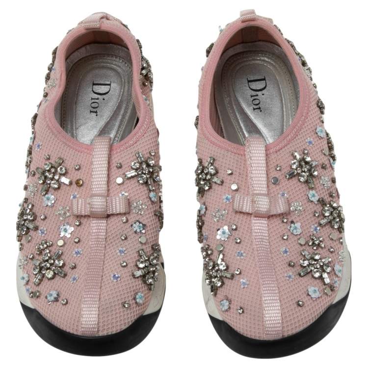 Pre Owned Dior Pink Sequins Embellished Mesh Fusion Slip-on Sneakers Size 35.5