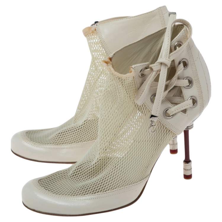Pre Owned Dior White Net And Leather Lace Up  Ankle Boots Size 35