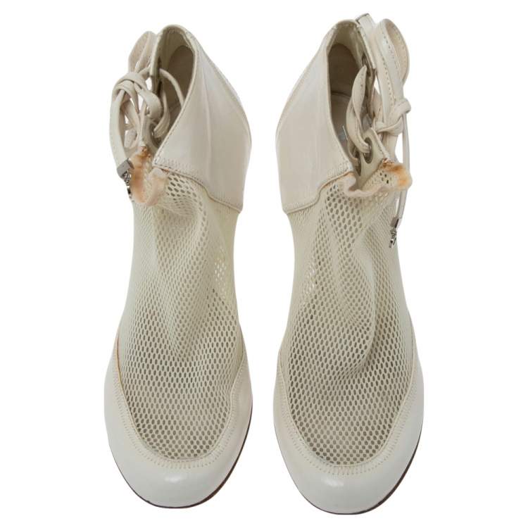 Pre Owned Dior White Net And Leather Lace Up  Ankle Boots Size 35