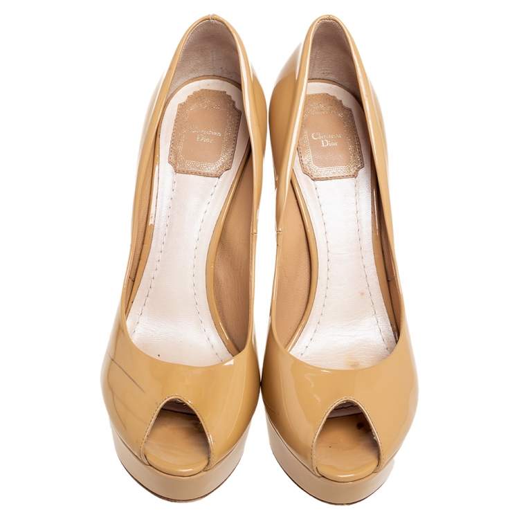 Pre Owned Dior Beige Patent Leather Cannage Heel Peep-Toe Platform Pumps Size 40