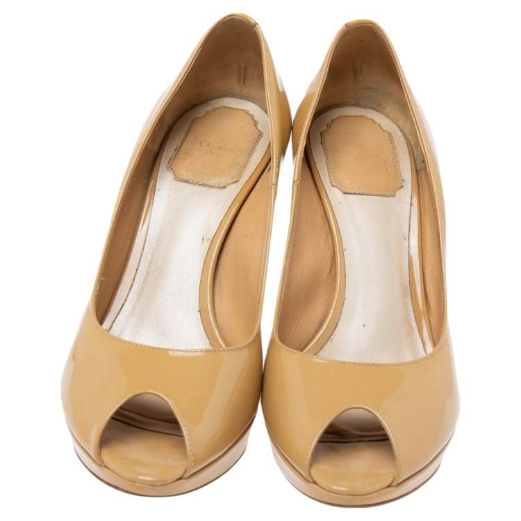 Pre Owned Christian Dior Beige Patent Leather Miss Dior Peep-Toe Pumps Size 38