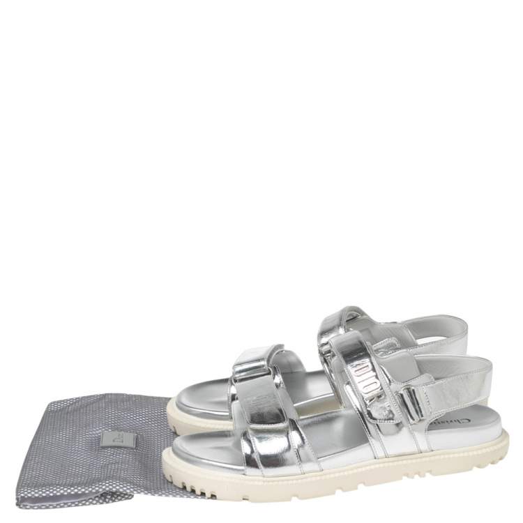 Pre Owned Dior Silver Leather Velcro Flat Sandals Size 39