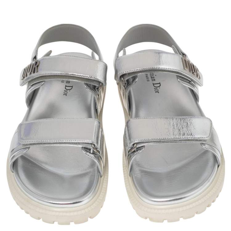 Pre Owned Dior Silver Leather Velcro Flat Sandals Size 39