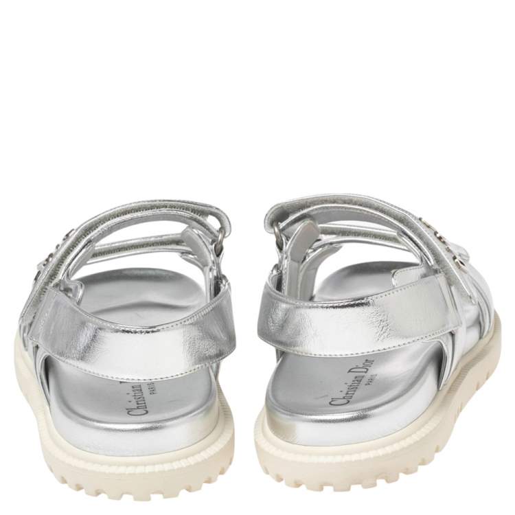 Pre Owned Dior Silver Leather Velcro Flat Sandals Size 39