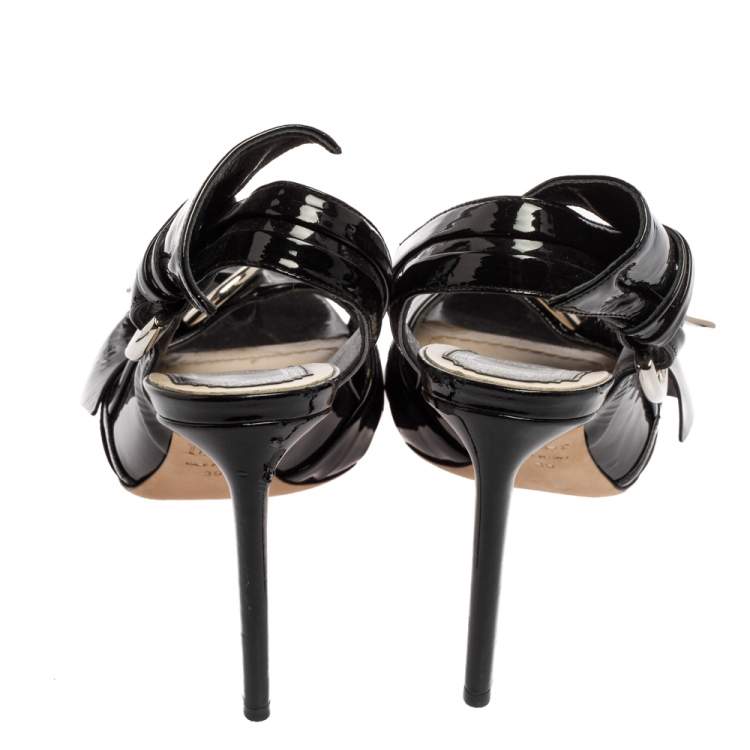 Pre Owned Dior Black Patent Leather Buckle Detail Slingback Sandals Size 39
