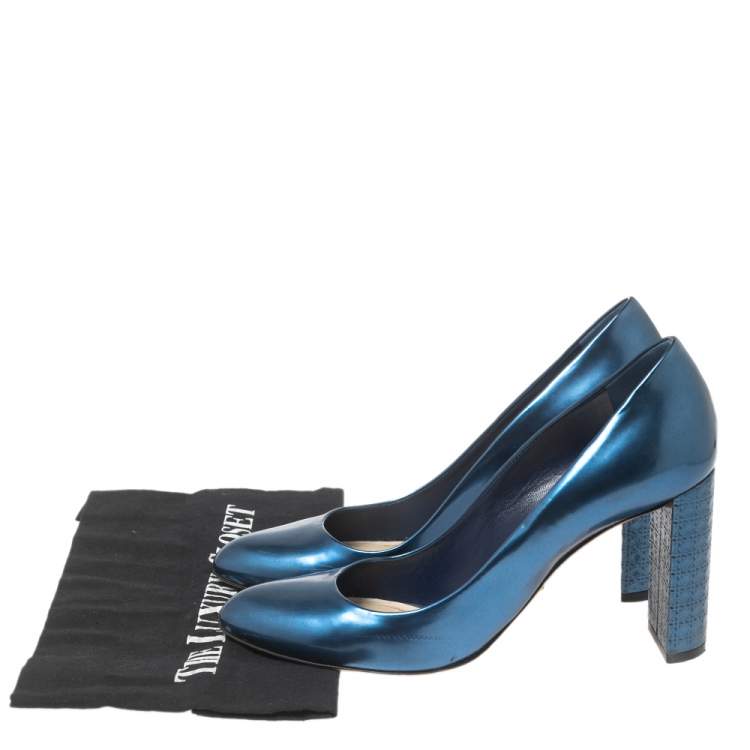 Pre Owned Dior Blue Patent Leather Cannage Block Heel Pumps Size 38