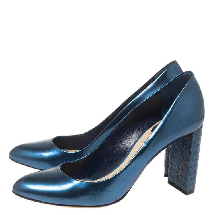 Pre Owned Dior Blue Patent Leather Cannage Block Heel Pumps Size 38