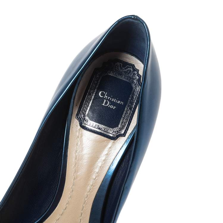 Pre Owned Dior Blue Patent Leather Cannage Block Heel Pumps Size 38