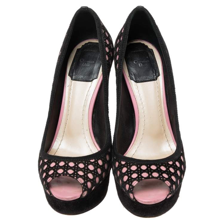 Pre Owned Dior Black/Pink Cannage Cutout Suede And Leather Peep Toe Platform Pumps Size 35