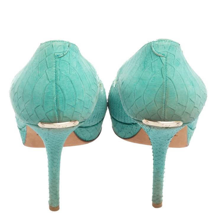 Pre Owned Dior Turquoise Python Embossed Leather Miss Dior Peep-Toe Pumps Size 41 