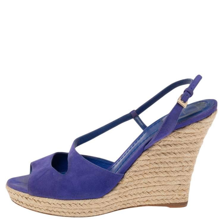 Pre Owned Dior Blue Suede Espadrille Platform Wedge Open Toe Ankle Strap Sandals Size 41