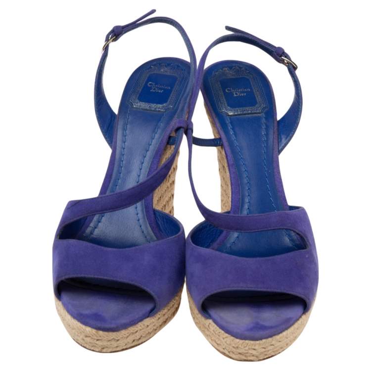 Pre Owned Dior Blue Suede Espadrille Platform Wedge Open Toe Ankle Strap Sandals Size 41