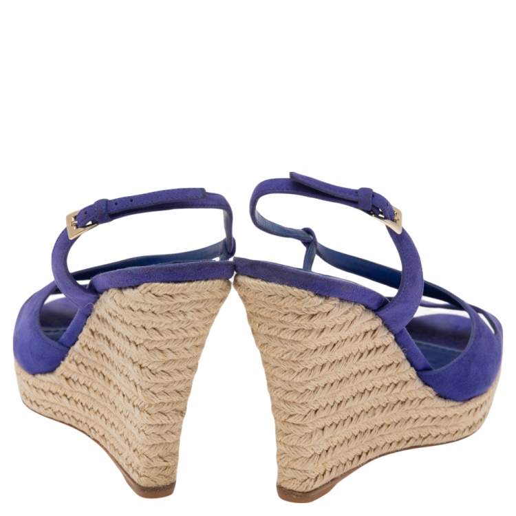 Pre Owned Dior Blue Suede Espadrille Platform Wedge Open Toe Ankle Strap Sandals Size 41
