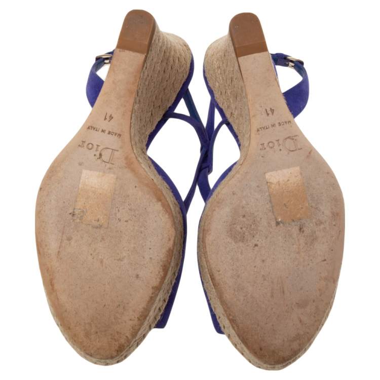 Pre Owned Dior Blue Suede Espadrille Platform Wedge Open Toe Ankle Strap Sandals Size 41