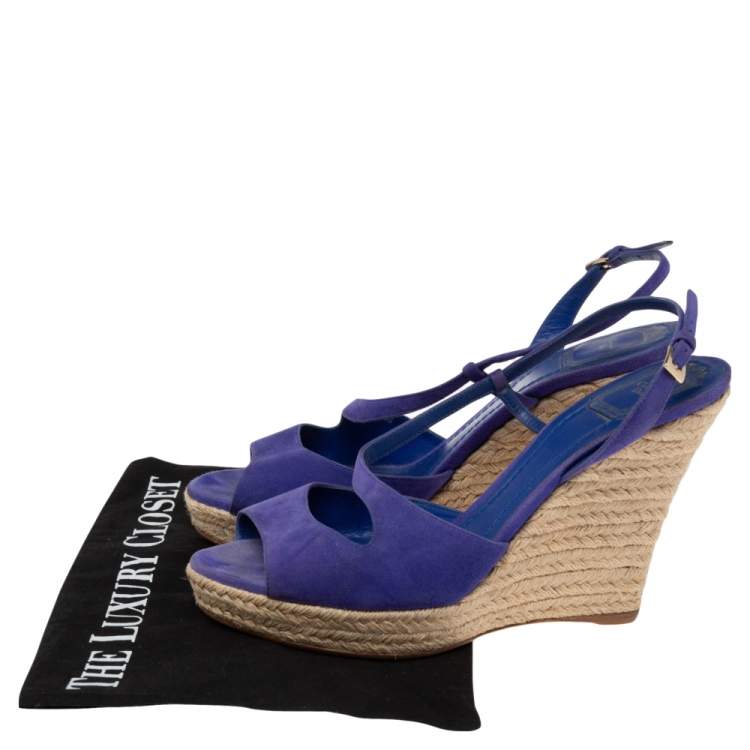 Pre Owned Dior Blue Suede Espadrille Platform Wedge Open Toe Ankle Strap Sandals Size 41
