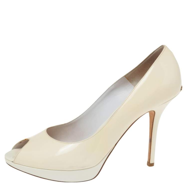 Pre Owned Dior Beige Patent Leather Miss Dior Peep Toe Platform Pumps Size 40.5