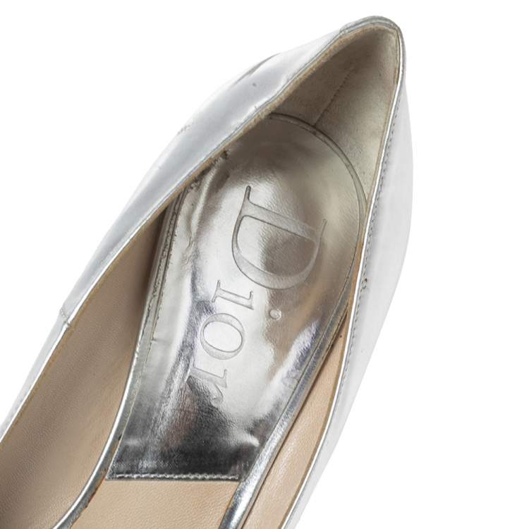 Pre Owned Dior Silver Leather Miss Dior Peep Toe Pumps Size 40.5
