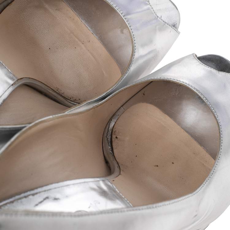 Pre Owned Dior Silver Leather Miss Dior Peep Toe Pumps Size 40.5