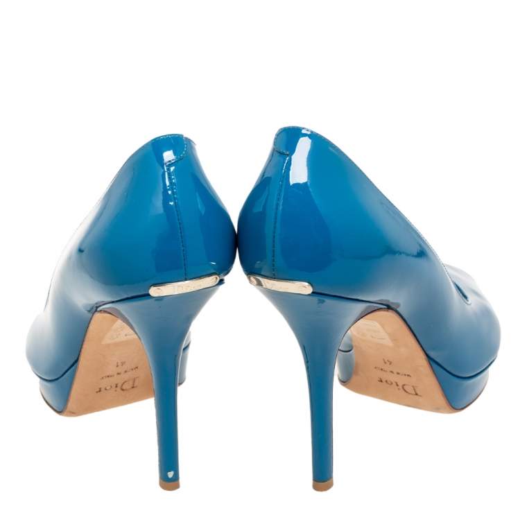 Pre Owned Dior Blue Patent Leather Miss Dior Peep Toe Platform Pumps Size 41