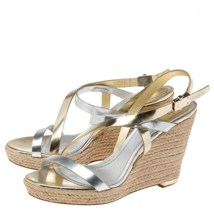 Pre Owned Dior Metallic Leather Criss Cross Wedge Espadrille Ankle Strap Sandals Size 41