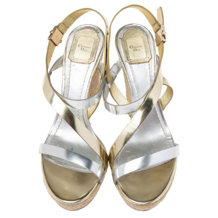 Pre Owned Dior Metallic Leather Criss Cross Wedge Espadrille Ankle Strap Sandals Size 41