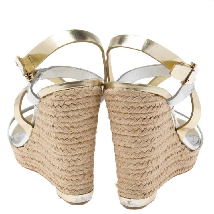 Pre Owned Dior Metallic Leather Criss Cross Wedge Espadrille Ankle Strap Sandals Size 41